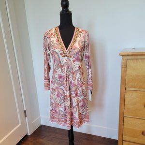 HALE BOB - printed V-neck beaded dress; NEW WITH TAGS; Size Small